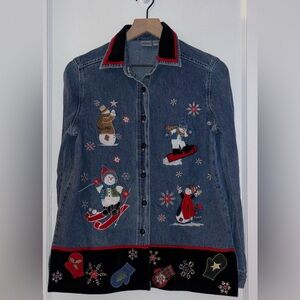 Vintage Quizz Again Snowman Denim Button Down Blouse